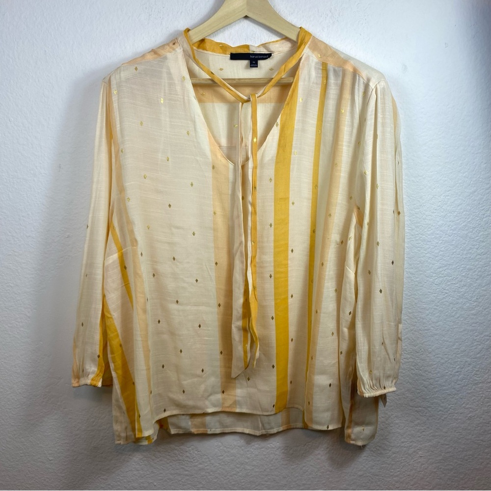 Harvé Benard Gold Stripe Metallic Clip Dot Tie Neck Blouse Plus Size 1X